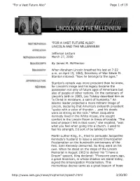 "FOR a VAST FUTURE ALSO": LINCOLN and the MILLENNIUM Appreciation Jefferson Lecture M Cp H Erso N in Ter View March 27, 2000
