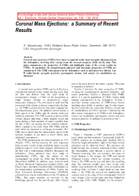 Coronal Mass Ejections: a Summary of Recent Results