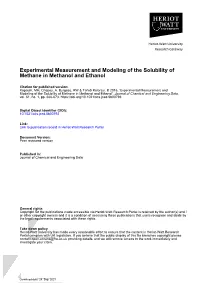 Experimental Measurement and Modeling of the Solubility of Methane in Methanol and Ethanol