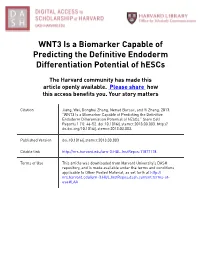 WNT3 Is a Biomarker Capable of Predicting the Definitive Endoderm Differentiation Potential of Hescs