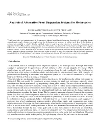Analysis of Alternative Front Suspension Systems for Motorcycles