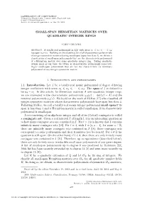Small-Span Hermitian Matrices Over Quadratic Integer Rings