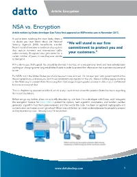 NSA Vs. Encryption Article Written by Datto Developer Dan Fuhry First Appeared on Mspmentor.Com in November 2013