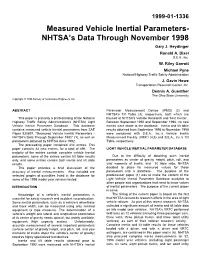 Measured Vehicle Inertial Parameters- NHTSA’S Data Through November 1998 Gary J