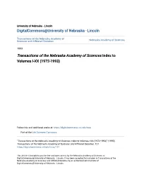 Transactions of the Nebraska Academy of Sciences Index to Volumes I-XX (1972-1993)
