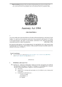 Anatomy Act 1984 Is up to Date with All Changes Known to Be in Force on Or Before 21 June 2021