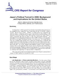 Japan's Political Turmoil in 2008: Background and Implications for The