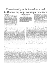 Evaluation of Glare for Incandescent and LED Miner Cap Lamps in Mesopic Conditions Introduction J