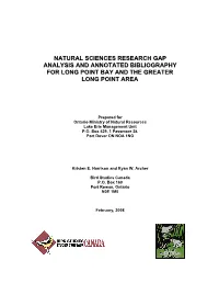 Natural Sciences Research Gap Analysis and Annotated Bibliography for Long Point Bay and the Greater Long Point Area