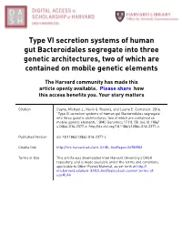 Type VI Secretion Systems of Human Gut Bacteroidales Segregate Into Three Genetic Architectures, Two of Which Are Contained on Mobile Genetic Elements