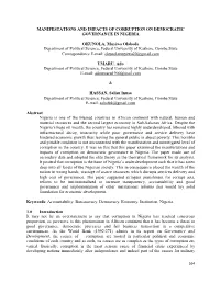 Manifestations and Impacts of Corruption on Democratic Governance in Nigeria