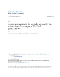 A Performer's Guide to the Songs for Soprano by the Austro-American Composer Eric Zeisl