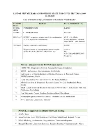 LIST of PRIVATE LABS APPROVED by STATE for COVID TESTING AS on 13-08-2020 Cost of Tests Fixed by Government of Kerala in Private Sector
