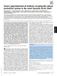 Source Apportionment of Methane Escaping the Subsea Permafrost System in the Outer Eurasian Arctic Shelf