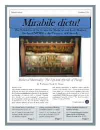 Mirabile Dictu! October 2014 Mirabile Dictu! the Newsletter of the Center for Medieval and Early Modern Studies (CMEMS) at the University of Colorado