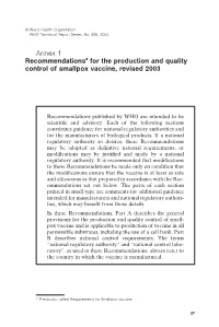 Annex 1 Recommendationsa for the Production and Quality Control of Smallpox Vaccine, Revised 2003
