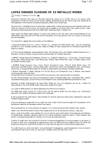 Lopez Orders Closure of 23 Metallic Mines Page 1 of 2