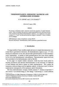 Thermodynamics, Mnemonic Matrices and Generalized Inverses