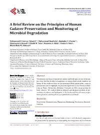 A Brief Review on the Principles of Human Cadaver Preservation and Monitoring of Microbial Degradation