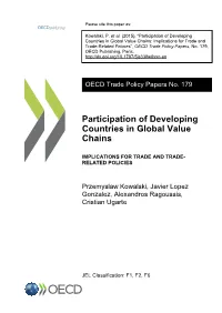 Participation of Developing Countries in Global Value Chains: Implications for Trade and Trade-Related Policies”, OECD Trade Policy Papers, No
