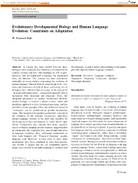 Evolutionary Developmental Biology and Human Language Evolution: Constraints on Adaptation