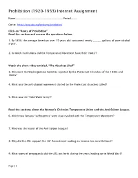 Prohibition (1920-1933) Internet Assignment