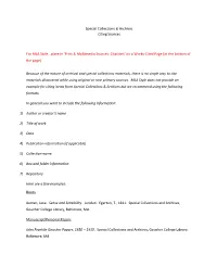 Special Collections & Archives Citing Sources For