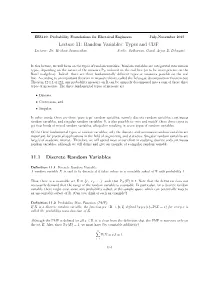 Lecture 11: Random Variables: Types and CDF Lecturer: Dr