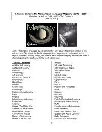 A Topical Index to the Main Articles in Mercury Magazine (1972 – 2019) Compiled by Andrew Fraknoi (U