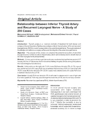Original Article Relationship Between Inferior Thyroid Artery and Recurrent Laryngeal Nerve