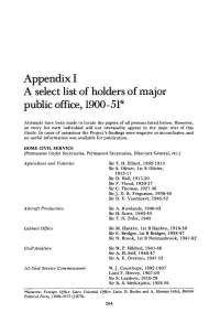 Appendix I a Select List of Holders of Major Public Office, 1900-51*
