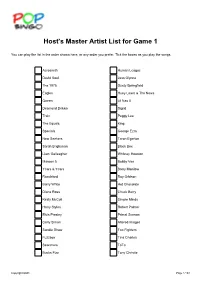 Host's Master Artist List for Game 1