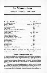 In Memoriam COMPILED by GEOFFREY TEMPLEMAN
