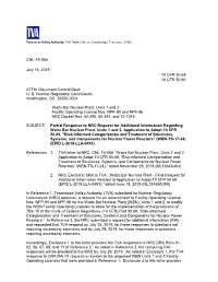 Watts Bar, Units 1 and 2, Partial Response to NRC Request For