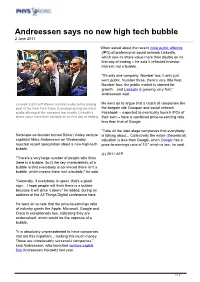 Andreessen Says No New High Tech Bubble 2 June 2011