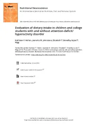 Evaluation of Dietary Intake in Children and College Students with and Without Attention-Deficit/ Hyperactivity Disorder