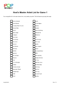 Host's Master Artist List for Game 1