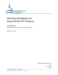 The Project Bioshield Act: Issues for the 112Th Congress