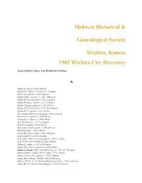 Midwest Historical & Genealogical Society Wichita, Kansas 1902 Wichita City Directory