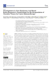 Development of a New Hyaluronic Acid Based Redox-Responsive Nanohydrogel for the Encapsulation of Oncolytic Viruses for Cancer Immunotherapy
