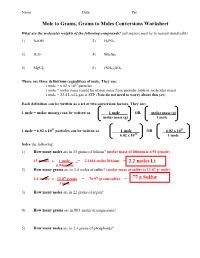 Mole Calculation Worksheet – Answer Key