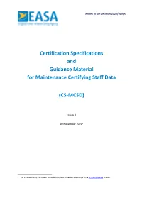Certification Specifications for Maintenance Certifying Staff Data