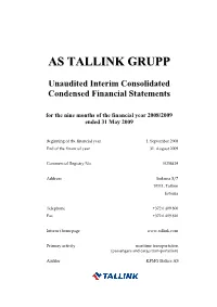 AS TALLINK GRUPP Unaudited Interim Consolidated Condensed