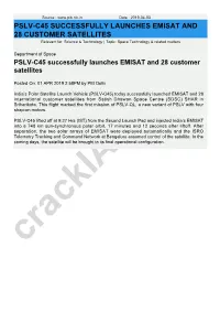 PSLV-C45 SUCCESSFULLY LAUNCHES EMISAT and 28 CUSTOMER SATELLITES Relevant For: Science & Technology | Topic: Space Technology & Related Matters