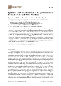 Synthesis and Characterization of Tio2 Nanoparticles for the Reduction of Water Pollutants