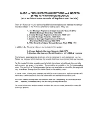 GUIDE to PUBLISHED TRANSCRIPTIONS and INDEXES of PRE-1874 MARRIAGE RECORDS (Also Includes Some Records of Baptisms and Burials)