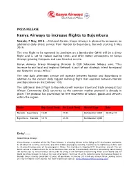 Kenya Airways to Increase Flights to Bujumbura