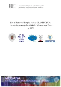 List of Reserved Targets Sent to GRANTECAN for the Exploitation of the MEGARA Guaranteed Time at GTC