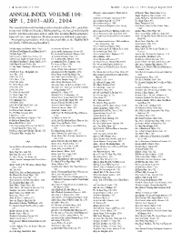 Annual Index: Volume 100: Sep. 1, 2003–Aug., 2004