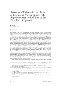 Accounts of Debates in the House of Commons, March–April 1731, Supplementary to the Diary of the First Earl of Egmont